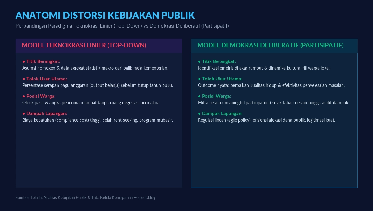 Infografis Anatomi Distorsi Kebijakan Publik: Model Teknokrasi Linier vs Demokrasi Deliberatif